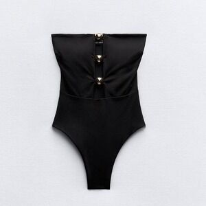 Zara One Piece Mob Wife Swimsuit Black Gold Saint Tropez Ibiza Vacation Resort M
